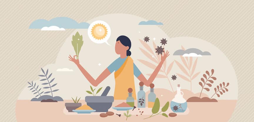 Illustration einer Frau mit Pflanzen und Kräutern, die verschiedene Gewürze und Heilpflanzen in einem Mörser verarbeitet, umgeben von Flaschen mit Ölen, Blättern und dekorativen Pflanzen, symbolisch für Ayurveda.