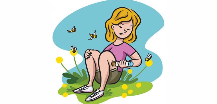 Girl using an epipen on her leg after a bee sting, sitting in a field with bees.