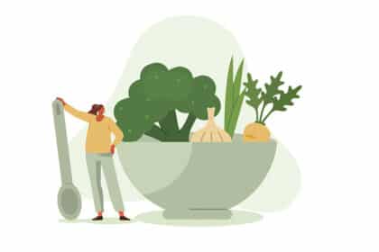 Illustration einer Person mit übergroßem Löffel neben einer Schüssel voller Gemüse (Brokkoli, Knoblauch, Lauch, Karotte, Blattgemüse) – Symbol für gesunde Ernährung.
