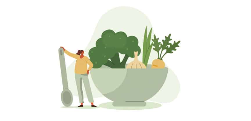 Illustration einer Person mit übergroßem Löffel neben einer Schüssel voller Gemüse (Brokkoli, Knoblauch, Lauch, Karotte, Blattgemüse) – Symbol für gesunde Ernährung.
