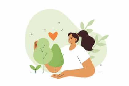 Illustration einer Frau, die mit Bäumen interagiert, über ihr ein Herzsymbol – Darstellung von Naturverbundenheit, Achtsamkeit und innerem Wohlbefinden.