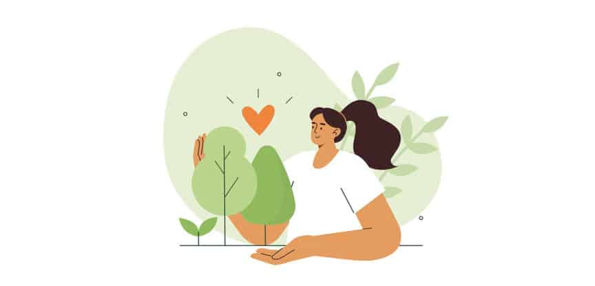 Illustration einer Frau, die mit Bäumen interagiert, über ihr ein Herzsymbol – Darstellung von Naturverbundenheit, Achtsamkeit und innerem Wohlbefinden.