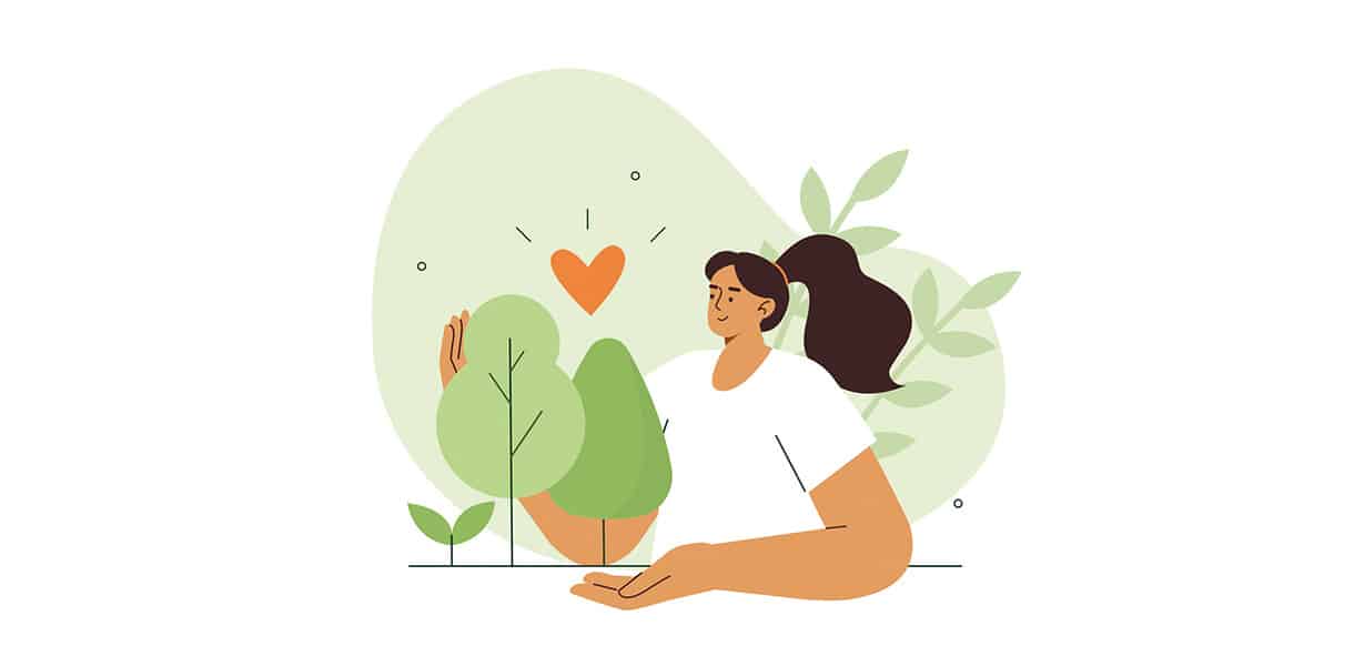 Illustration einer Frau, die mit Bäumen interagiert, über ihr ein Herzsymbol – Darstellung von Naturverbundenheit, Achtsamkeit und innerem Wohlbefinden.