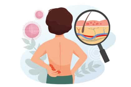 Illustration einer Person mit Gürtelrose am Rücken, Lupe zeigt Hautentzündung mit Bläschen und Viren im Hintergrund.