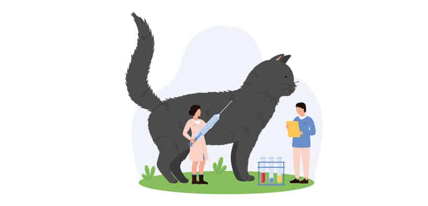 Illustration einer übergroßen Katze mit zwei Personen, die eine Spritze und Laborproben für tiermedizinische Forschung halten.
