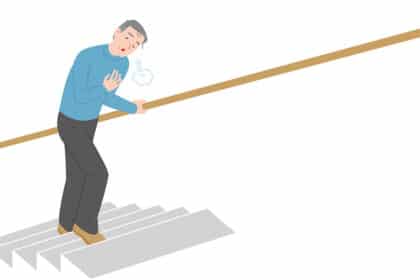 Illustration eines älteren Mannes, der beim Treppensteigen Atemnot verspürt und sich ans Geländer stützt.