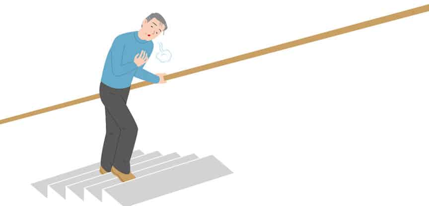 Illustration eines älteren Mannes, der beim Treppensteigen Atemnot verspürt und sich ans Geländer stützt.