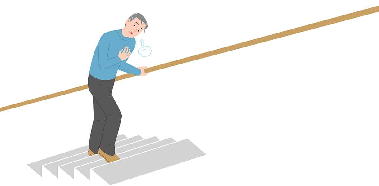 Illustration eines älteren Mannes, der beim Treppensteigen Atemnot verspürt und sich ans Geländer stützt.