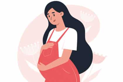 Illustration einer schwangeren Frau mit langem dunklem Haar, die liebevoll ihren Babybauch hält.
