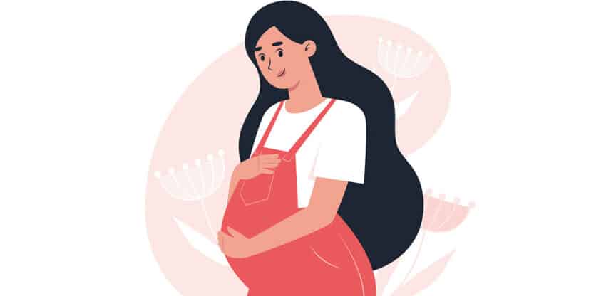 Illustration einer schwangeren Frau mit langem dunklem Haar, die liebevoll ihren Babybauch hält.