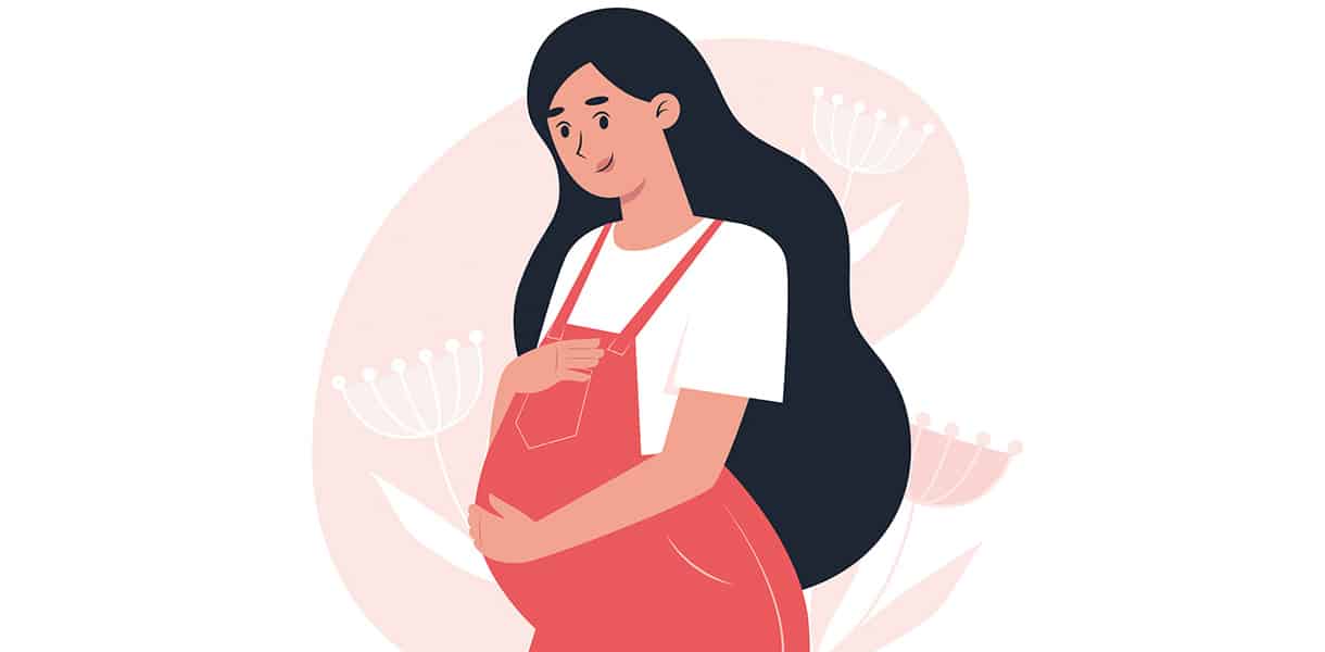 Illustration einer schwangeren Frau mit langem dunklem Haar, die liebevoll ihren Babybauch hält.
