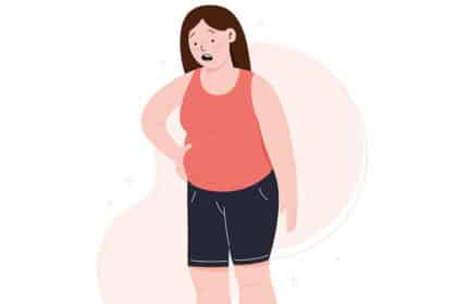 Illustration einer übergewichtigen Frau in Sportkleidung, die erschöpft wirkt und sich an die Hüfte fasst.