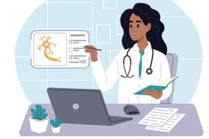 Illustration einer Ärztin am Schreibtisch mit Laptop und Stethoskop, die medizinische Daten und Zellstrukturen erklärt.