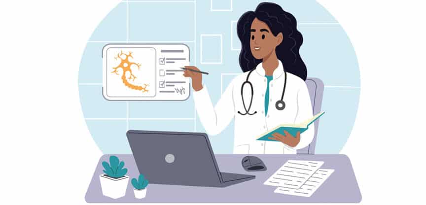 Illustration einer Ärztin am Schreibtisch mit Laptop und Stethoskop, die medizinische Daten und Zellstrukturen erklärt.