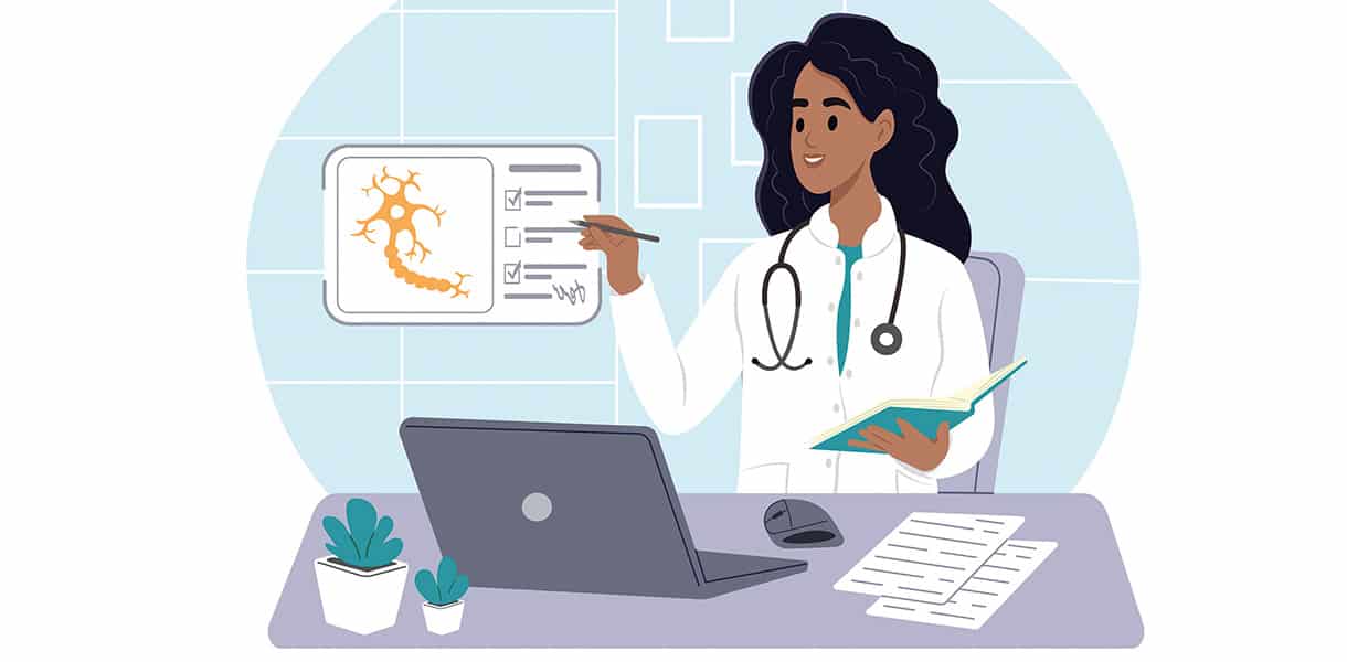 Illustration einer Ärztin am Schreibtisch mit Laptop und Stethoskop, die medizinische Daten und Zellstrukturen erklärt.