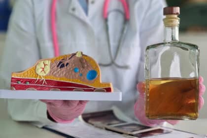 Eine Person im Arztkittel hält ein anatomisches Modell einer Leber und eine Flasche mit einer alkoholähnlichen Flüssigkeit – symbolisch für Alkoholkonsum und Leberschäden.