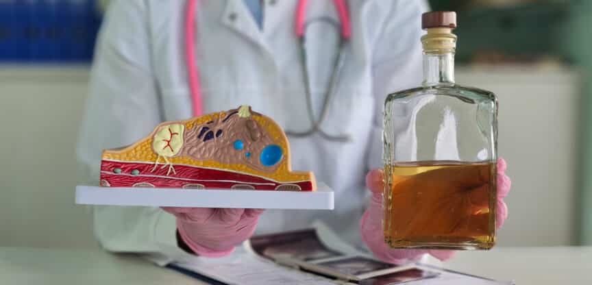 Eine Person im Arztkittel hält ein anatomisches Modell einer Leber und eine Flasche mit einer alkoholähnlichen Flüssigkeit – symbolisch für Alkoholkonsum und Leberschäden.
