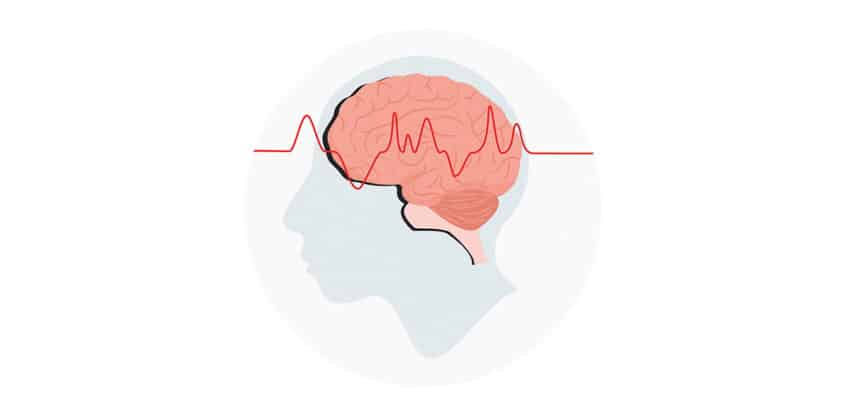 Illustration eines menschlichen Kopfprofils mit sichtbarem Gehirn und roter Wellenlinie – Symbolbild für Gehirnaktivität, neurologische Erkrankungen oder EEG-Messungen.