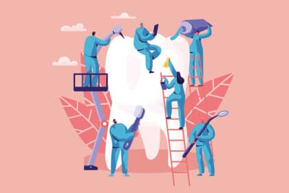 Illustration von Zahnärzten, die gemeinsam einen großen Zahn reinigen und reparieren.