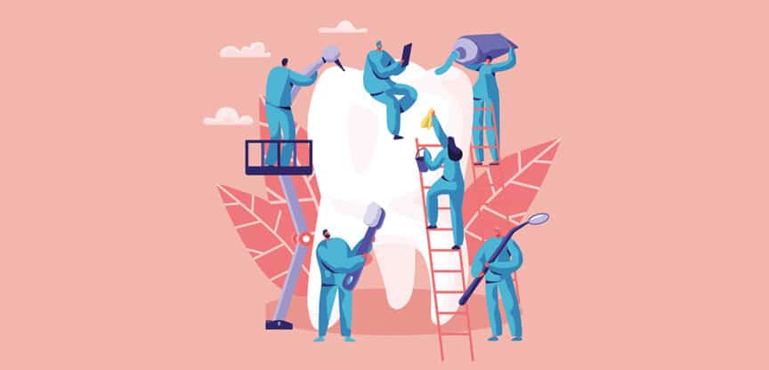 Illustration von Zahnärzten, die gemeinsam einen großen Zahn reinigen und reparieren.