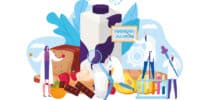 Illustration von Wissenschaftler:innen, die Lebensmittel wie Milch, Schokolade, Brot und Früchte auf Allergene untersuchen – Symbolbild für Lebensmittelallergien und Allergenforschung.