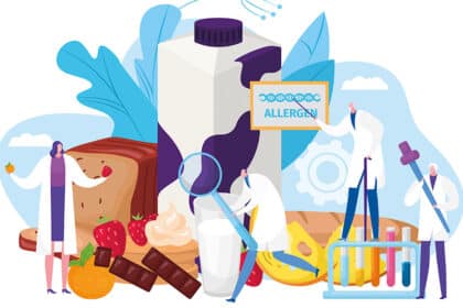 Illustration von Wissenschaftler:innen, die Lebensmittel wie Milch, Schokolade, Brot und Früchte auf Allergene untersuchen – Symbolbild für Lebensmittelallergien und Allergenforschung.