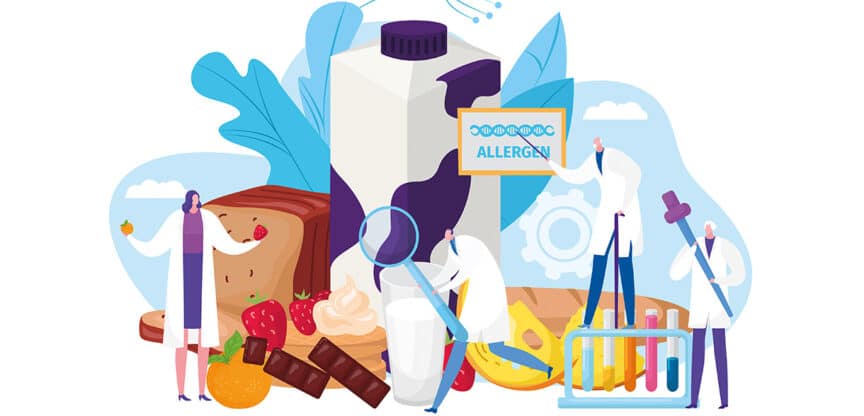 Illustration von Wissenschaftler:innen, die Lebensmittel wie Milch, Schokolade, Brot und Früchte auf Allergene untersuchen – Symbolbild für Lebensmittelallergien und Allergenforschung.
