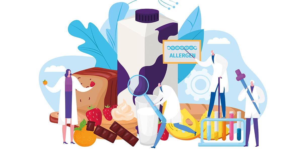 Illustration von Wissenschaftler:innen, die Lebensmittel wie Milch, Schokolade, Brot und Früchte auf Allergene untersuchen – Symbolbild für Lebensmittelallergien und Allergenforschung.