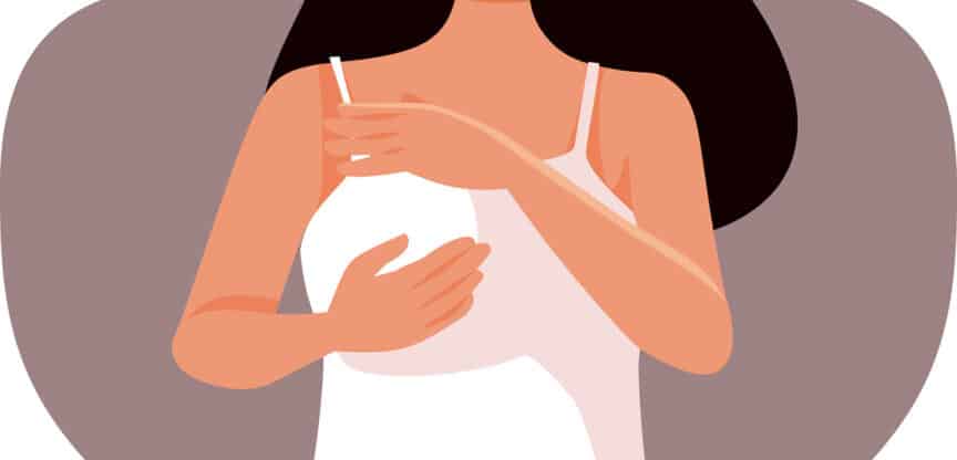 Illustration einer Frau, die in Unterwäsche ihre Brust abtastet, um eine Selbstuntersuchung durchzuführen.