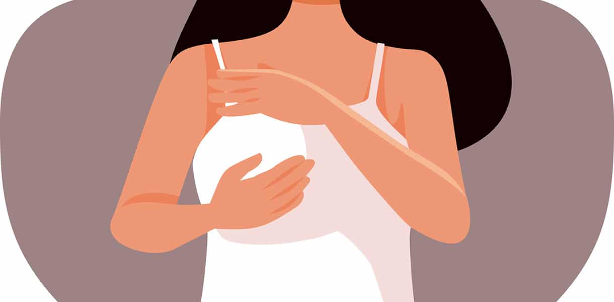Illustration einer Frau, die in Unterwäsche ihre Brust abtastet, um eine Selbstuntersuchung durchzuführen.