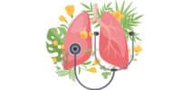 Illustration zweier Lungen mit Stethoskop, umgeben von grünen Blättern und gelben Blumen – Symbol für Atemgesundheit und natürliche Heilung.
