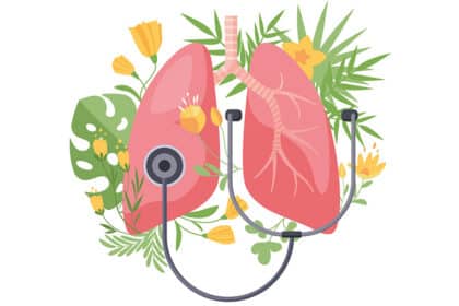 Illustration zweier Lungen mit Stethoskop, umgeben von grünen Blättern und gelben Blumen – Symbol für Atemgesundheit und natürliche Heilung.