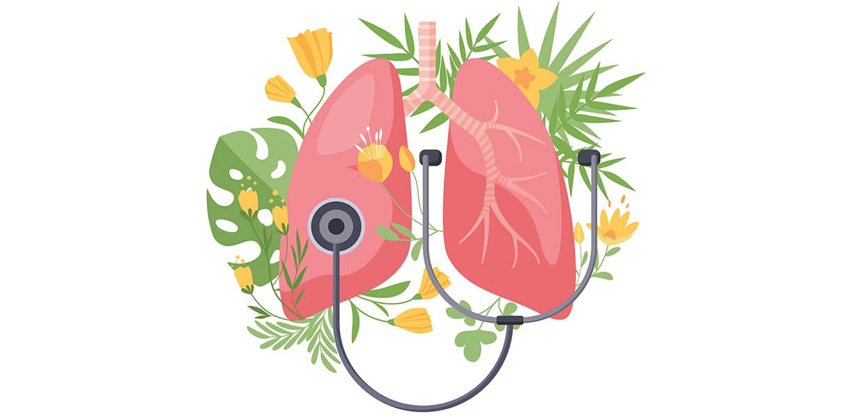 Illustration zweier Lungen mit Stethoskop, umgeben von grünen Blättern und gelben Blumen – Symbol für Atemgesundheit und natürliche Heilung.