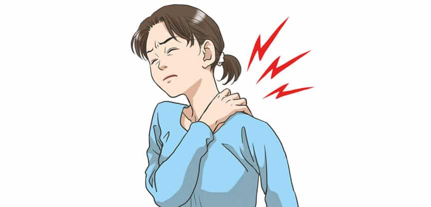 Illustration einer Frau mit Schmerzen in der Schulter, rotes Zickzack-Symbol deutet auf Verspannung hin.