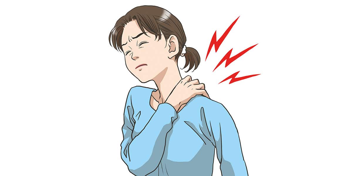 Illustration einer Frau mit Schmerzen in der Schulter, rotes Zickzack-Symbol deutet auf Verspannung hin.