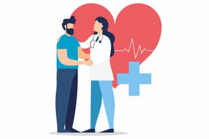 Illustration einer Ärztin, die einem Mann die Hand gibt, im Hintergrund ein Herzsymbol mit Herzschlaglinie.