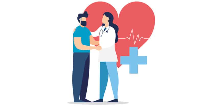 Illustration einer Ärztin, die einem Mann die Hand gibt, im Hintergrund ein Herzsymbol mit Herzschlaglinie.