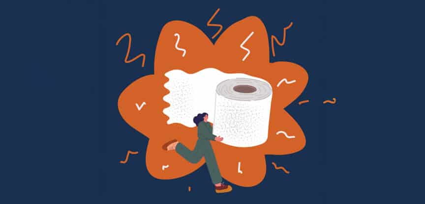 Cartoon vector illustration of Closeup hand pulling toilet paper roll woman carrying big roll of toilet paper