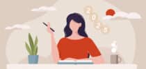 Illustration einer Frau am Schreibtisch mit Notizbuch und Stift, Symbole zeigen Planung und Ziele für 2025.