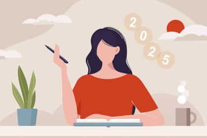 Illustration einer Frau am Schreibtisch mit Notizbuch und Stift, Symbole zeigen Planung und Ziele für 2025.