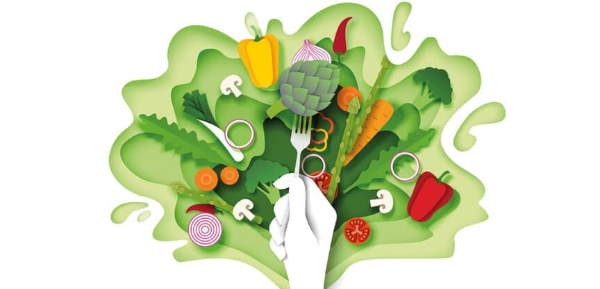 Illustration einer Hand mit Gabel über einem Salat aus verschiedenen frischen Gemüsesorten wie Paprika, Karotten und Pilzen.