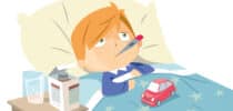 Illustration eines kranken Kindes im Bett mit Fieberthermometer im Mund, Decke und Medizin auf dem Nachttisch.