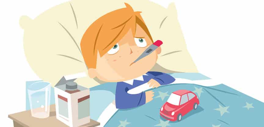 Illustration eines kranken Kindes im Bett mit Fieberthermometer im Mund, Decke und Medizin auf dem Nachttisch.