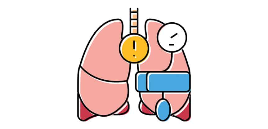 Stilisierte Illustration von Lungen mit medizinischen Symbolen, die auf Atemprobleme oder Lungenerkrankung hinweisen.