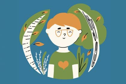 Illustration eines Kindes mit Brille vor Bäumen und Blättern, Herzsymbol auf dem Shirt steht für Wohlbefinden.