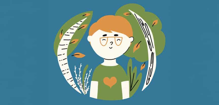 Illustration eines Kindes mit Brille vor Bäumen und Blättern, Herzsymbol auf dem Shirt steht für Wohlbefinden.