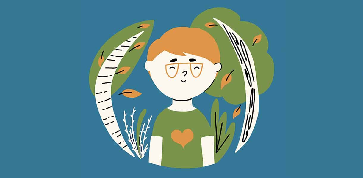 Illustration eines Kindes mit Brille vor Bäumen und Blättern, Herzsymbol auf dem Shirt steht für Wohlbefinden.