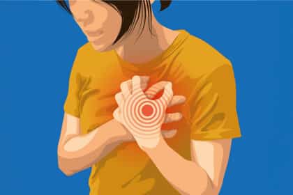 Illustration einer Frau, die sich mit beiden Händen an die Brust fasst, rotes Zielsymbol zeigt starke Brustschmerzen.