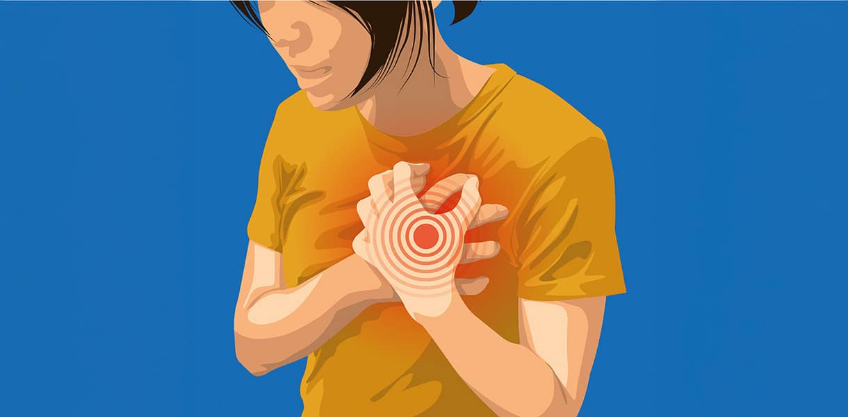 Illustration einer Frau, die sich mit beiden Händen an die Brust fasst, rotes Zielsymbol zeigt starke Brustschmerzen.