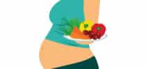 Illustration eines schwangeren Bauchs, der einen Teller mit Obst und Gemüse als Symbol für gesunde Ernährung hält.